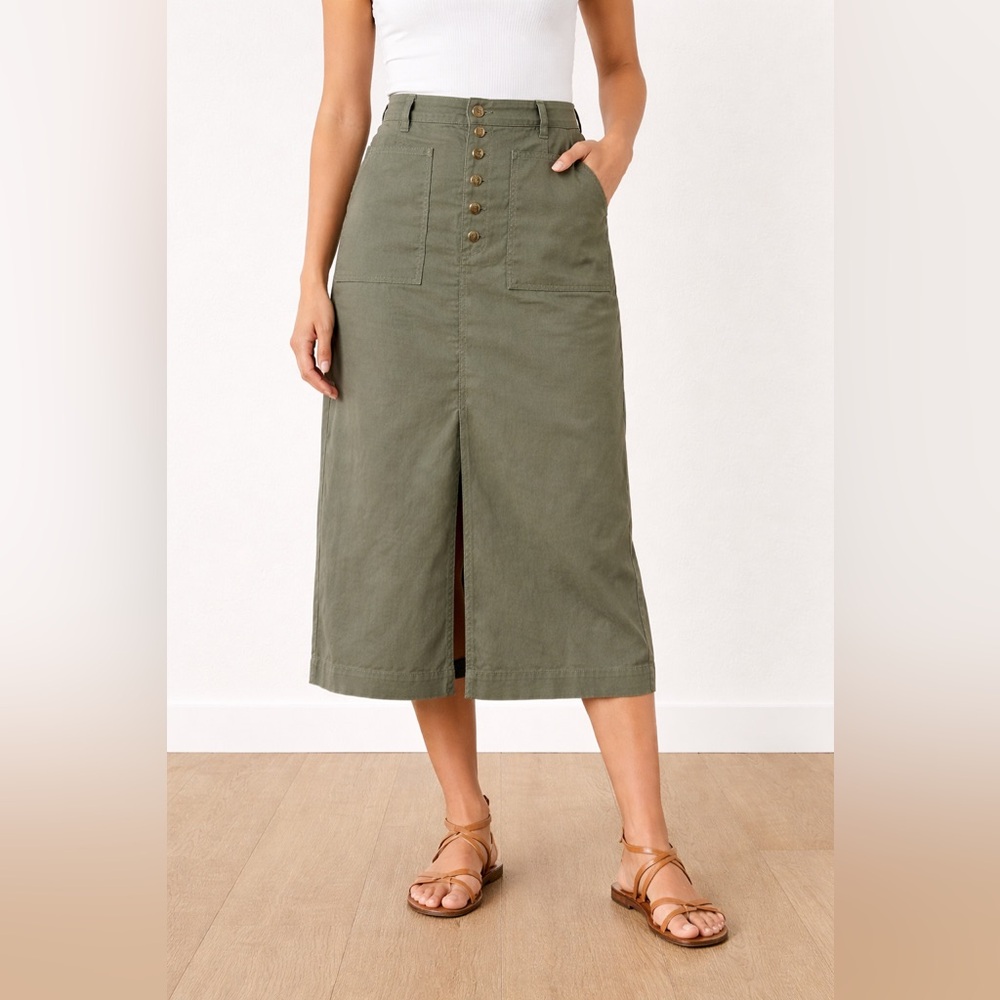 High-Rise Olive Green Button-Front Pencil Skirt